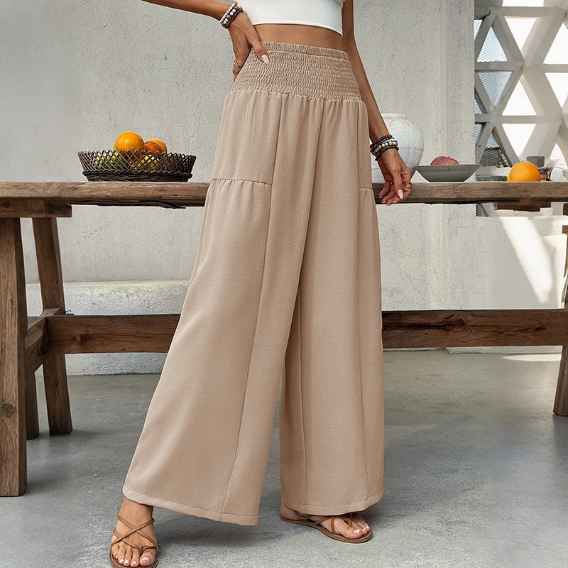 Women's lightweight culotte pants with elastic smocking waistband, wide leg and flowing summer jersey fabric.