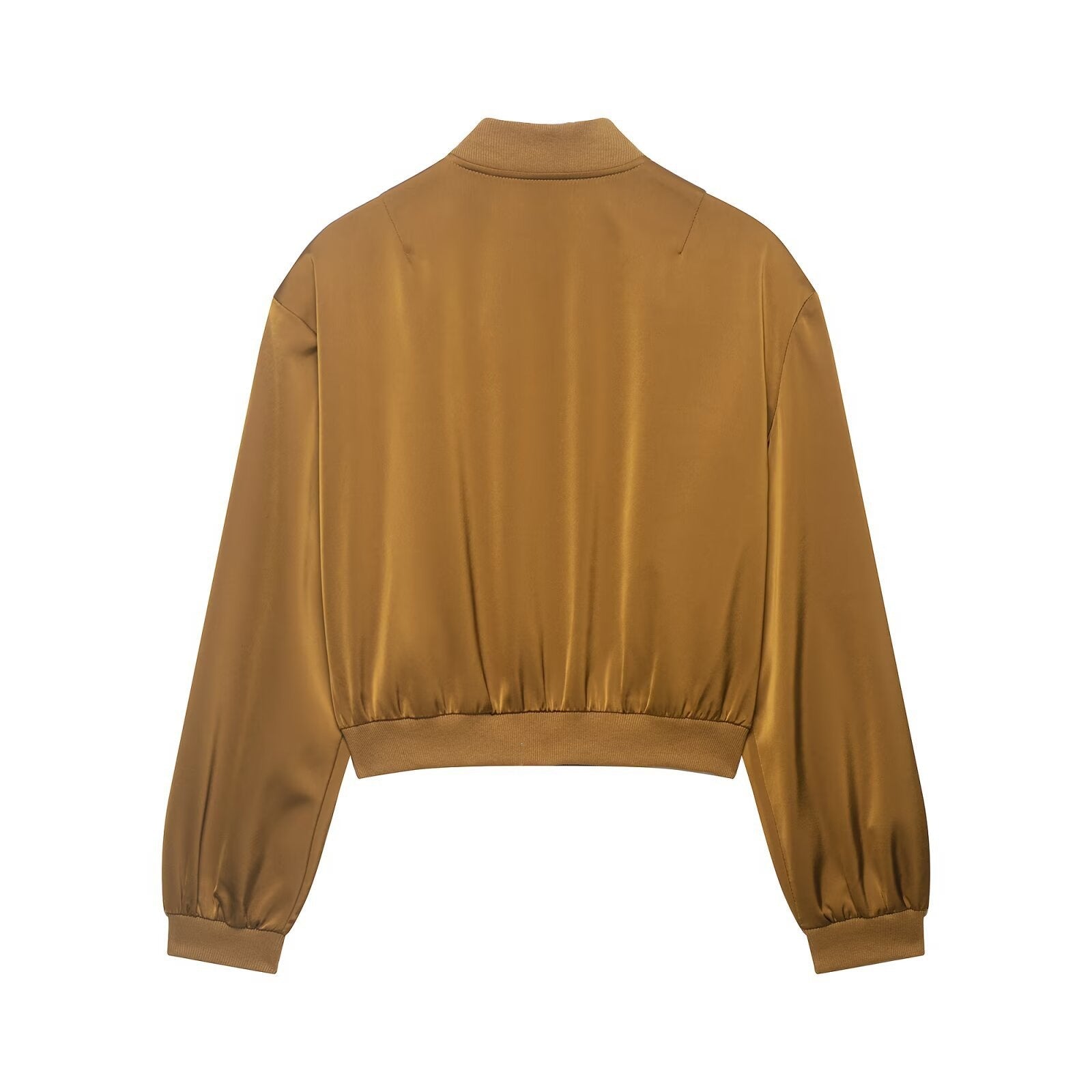 Women Cropped Satin Bomber Jacket with Zipper, Flap Pockets and Ribbed Cuffs Chichicherry