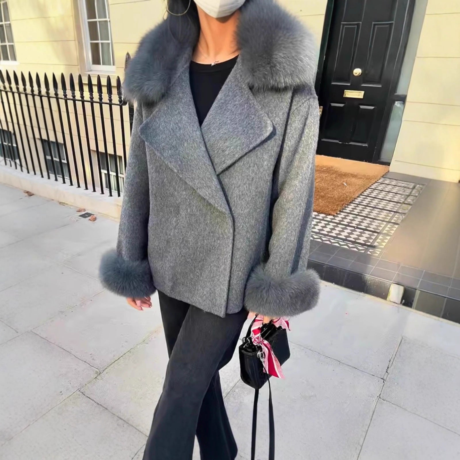 Women Short Wool Blend Coat with Removable Faux Fur Collar and Cuffs Chichicherry
