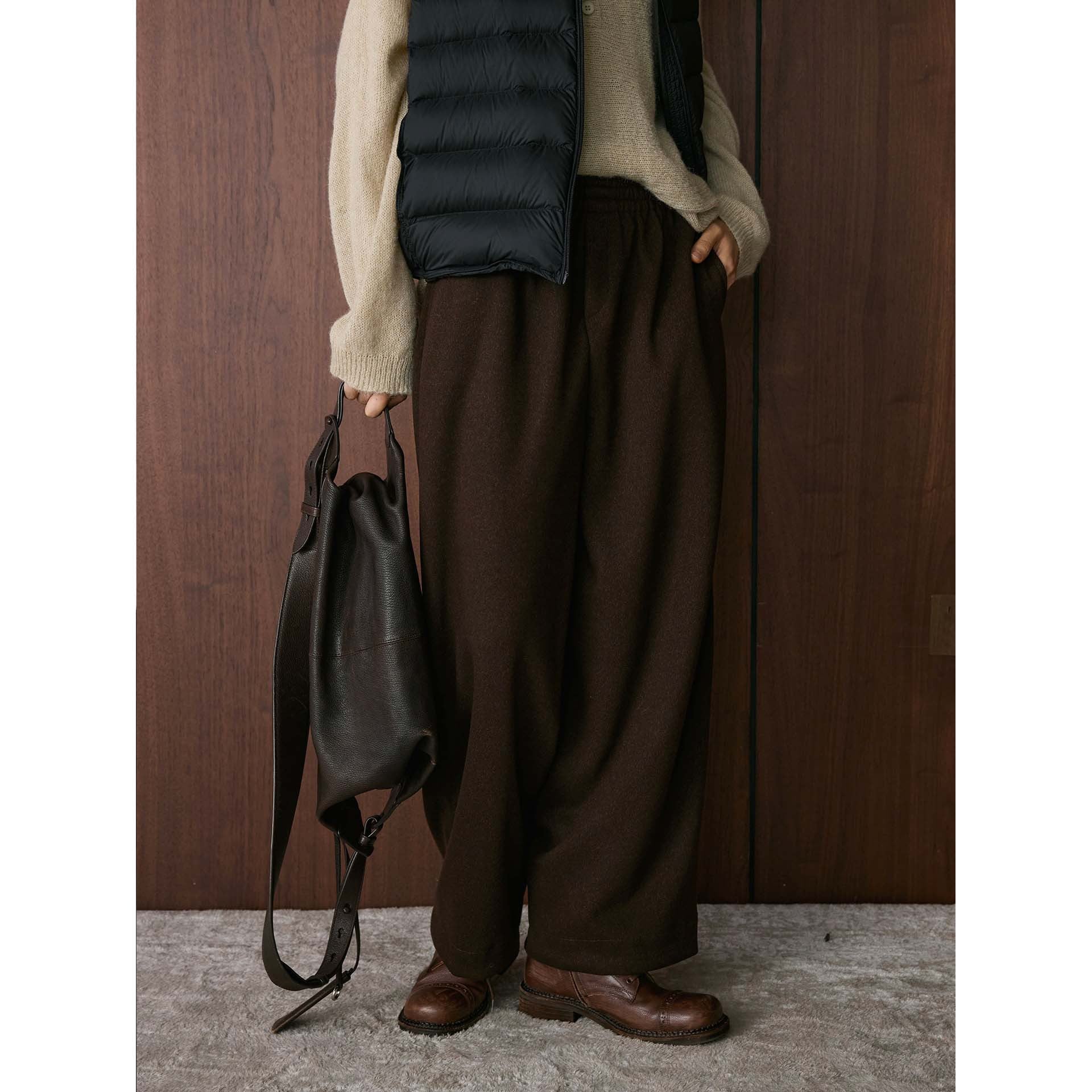 Women's Wide Wool Culotte with Rolled Contrast Hem and Elastic Waistband Chichicherry