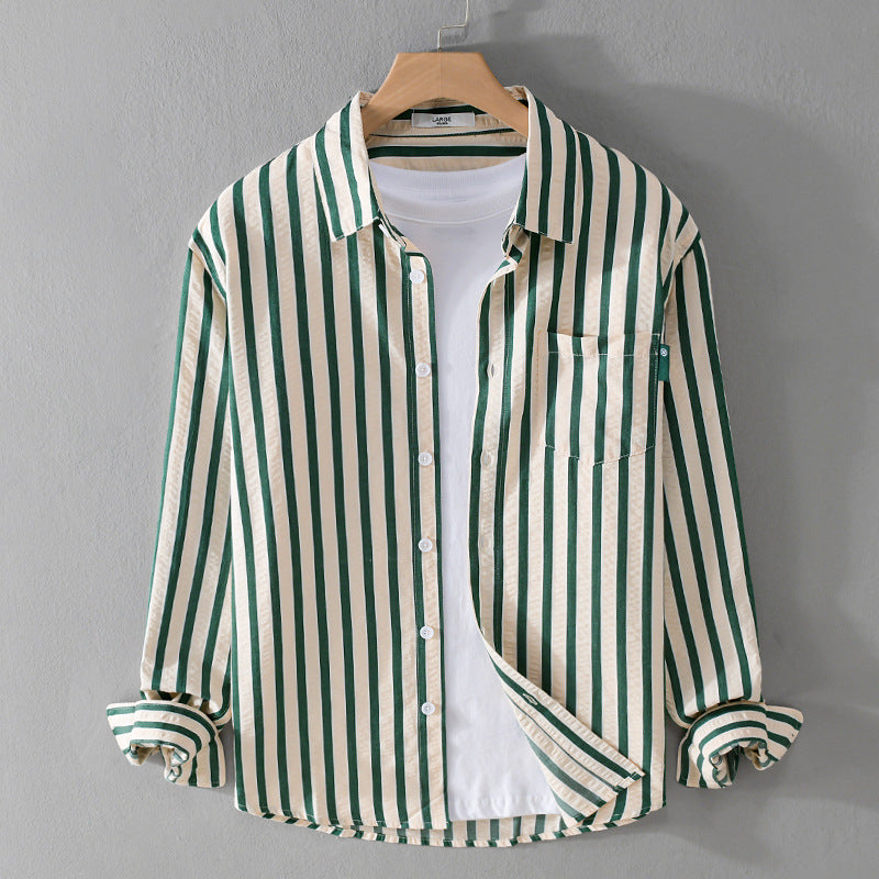 Men's Loose Shirt in Vertical Stripe Pattern made of Lightweight Cotton Blend with Kent Collar and Chest Pocket Chichicherry