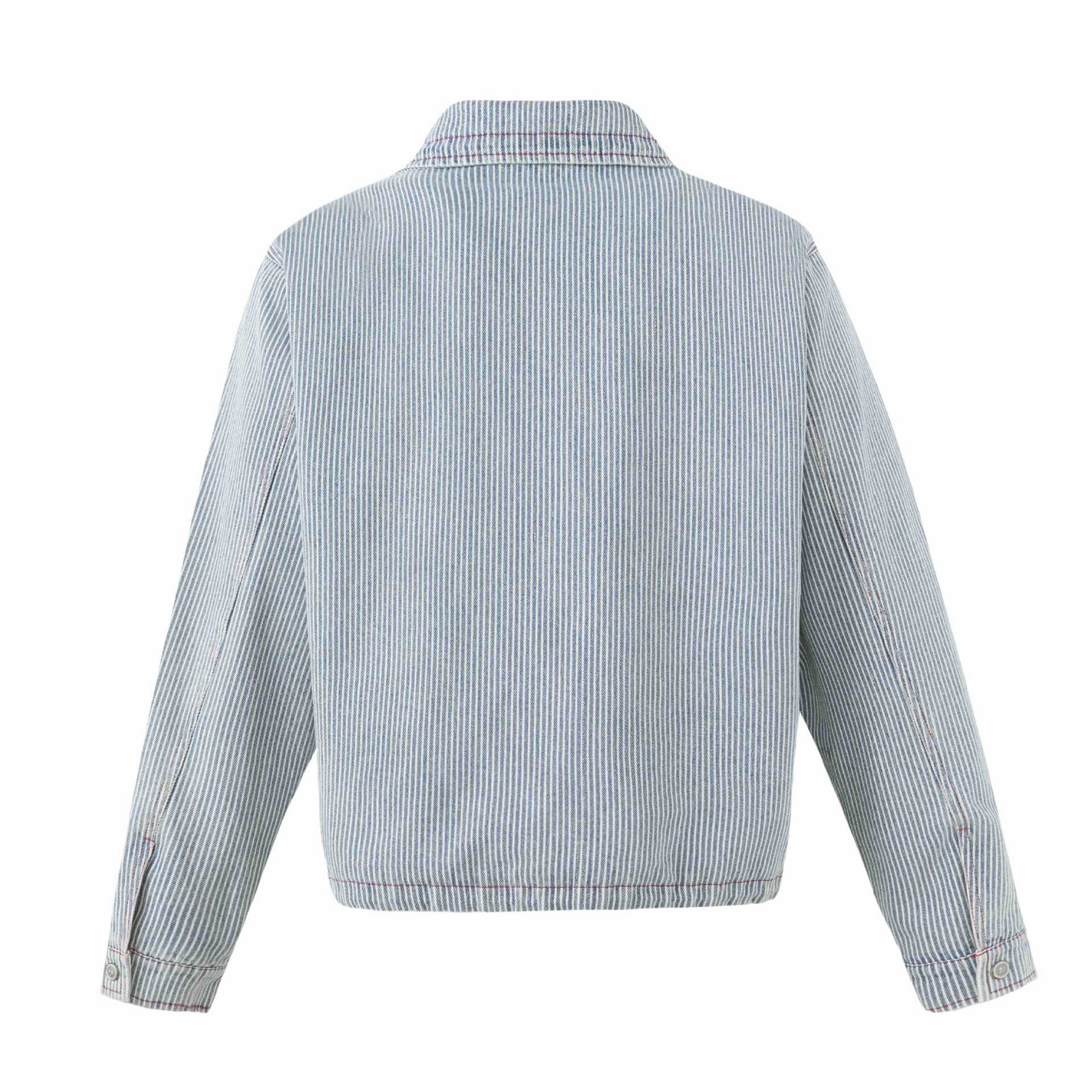 Unisex Short Striped Denim Blouson Jacket with Decorative Cords Chichicherry