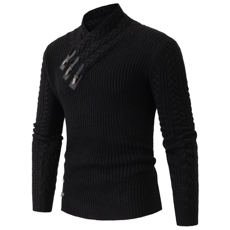 Men's Structured Cable Knit Mock Neck Sweater with Asymmetrical Strap Decoration Chichicherry