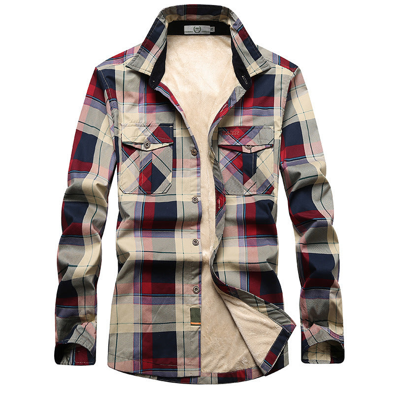 Men's Checked Thermal Shirt Jacket with Teddy Fleece Lining and Chest Flap Pockets Chichicherry