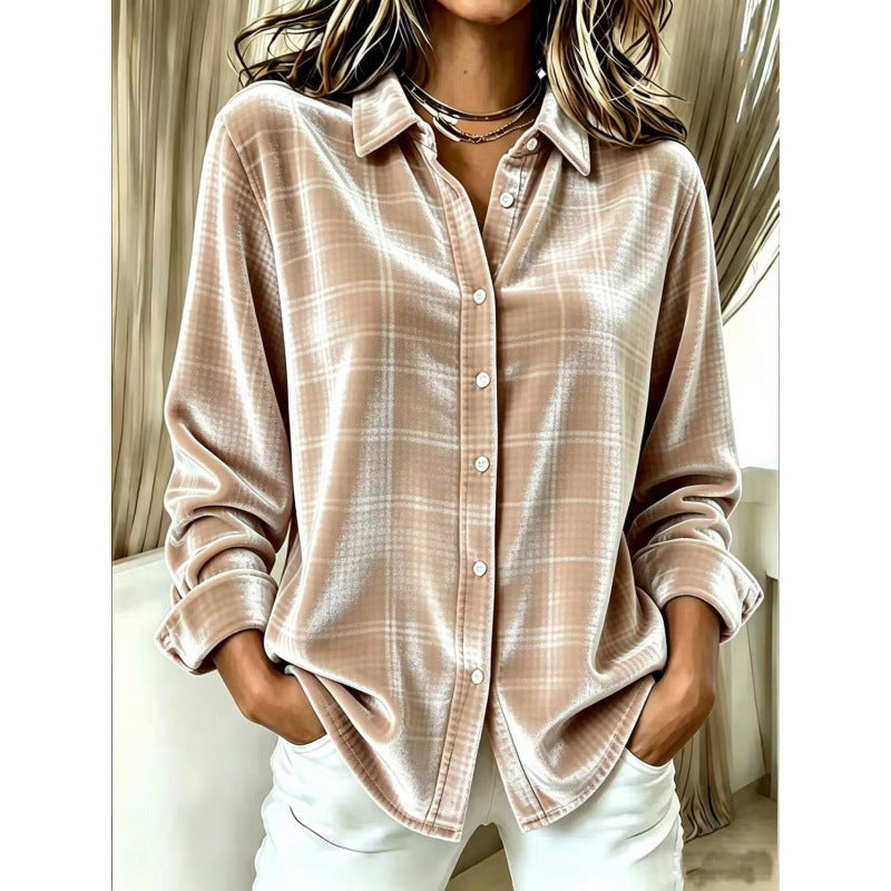 Women's velvet shirt blouse in relaxed fit with fine check pattern and mother-of-pearl buttons Chichicherry