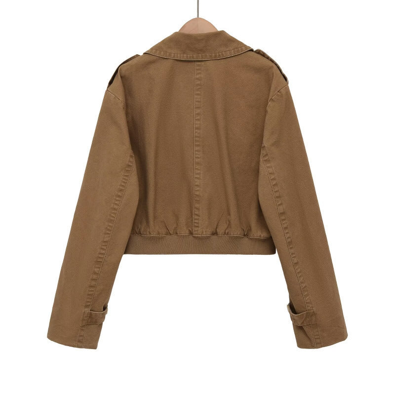 Women's Short Cut Utility Jacket in Field Style with Wide Lapels and Tailored Waistband Chichicherry