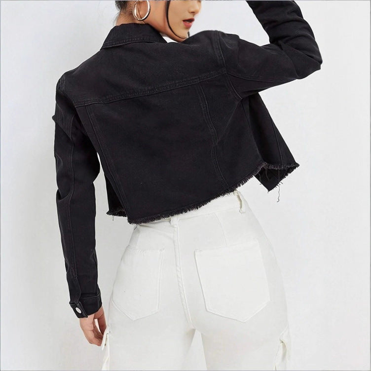 Women's Cropped Denim Jacket with Studded Collar, Frayed Hem and Flap Pockets Chichicherry
