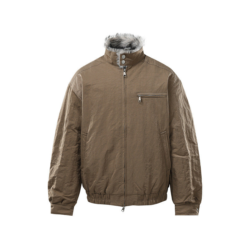 Men's Quilted Bomber Jacket with High Teddy Collar, Concealed Zipper and Elastic Hem Chichicherry