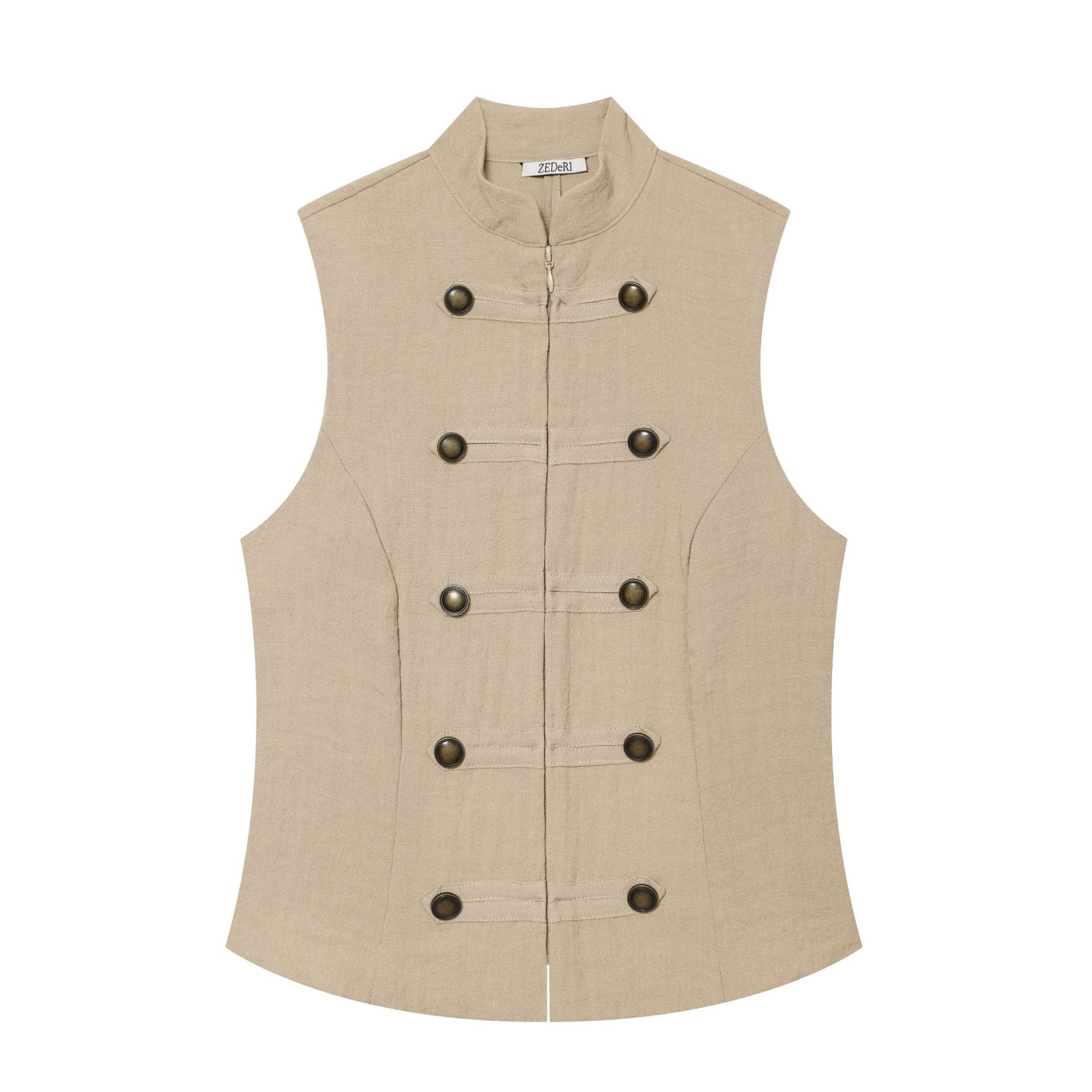 Women's fitted sleeveless military vest with stand-up collar and decorative button placket Chichicherry