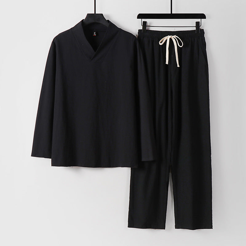 Unisex Zen-inspired Lightweight Loungewear Set with V-Neck Shirt and Elastic Drawstring Pants Chichicherry