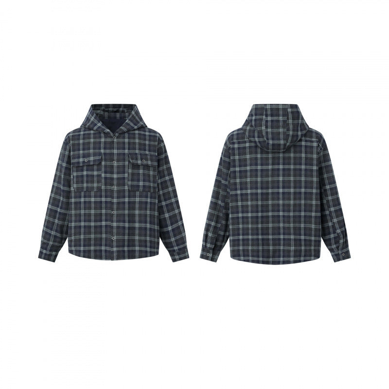 Unisex Boxy Hooded Overshirt in Flannel with Patch Pockets Chichicherry