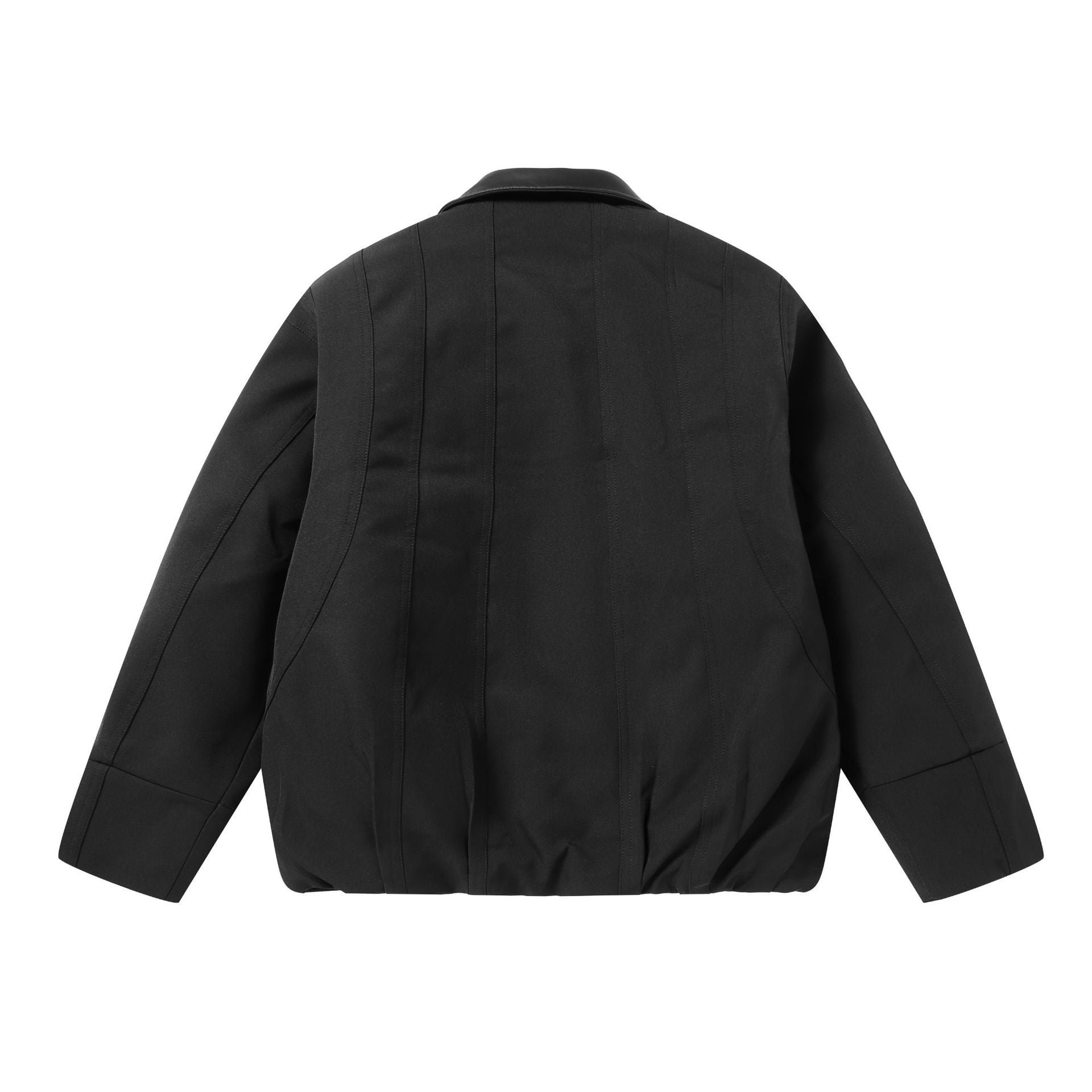 Men's Short Boxy Workwear Blouson with Leather Collar and Vertical Quilting Chichicherry
