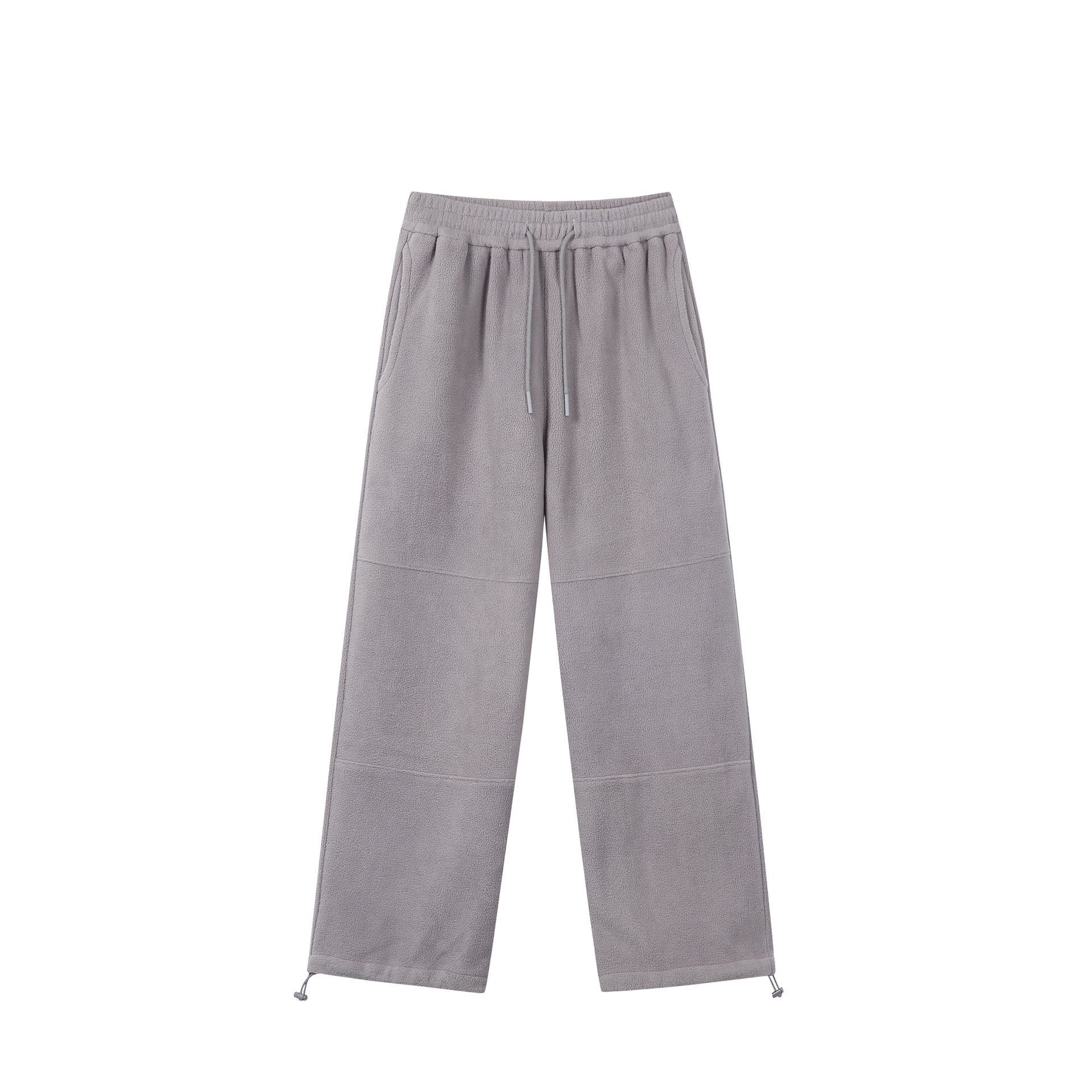 Women's wide fleece jogging pants with drawstring waistband, side pockets, and adjustable hem.