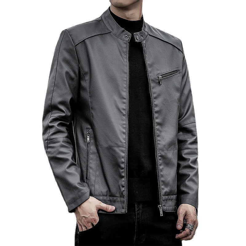 Men's Slim-Fit Faux Leather Moto Jacket with Stand Collar and Zipper Details Chichicherry