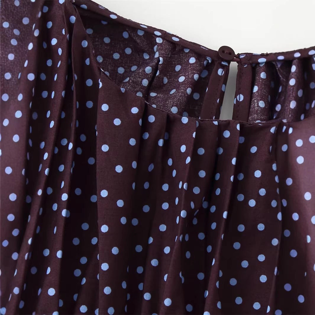Women gathered polka dot top with elastic smocked body, balloon sleeves and ruffle hem Chichicherry