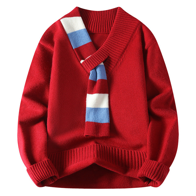 Men's V-neck knitted sweater with integrated contrast stripe scarf and ribbed cuffs Chichicherry