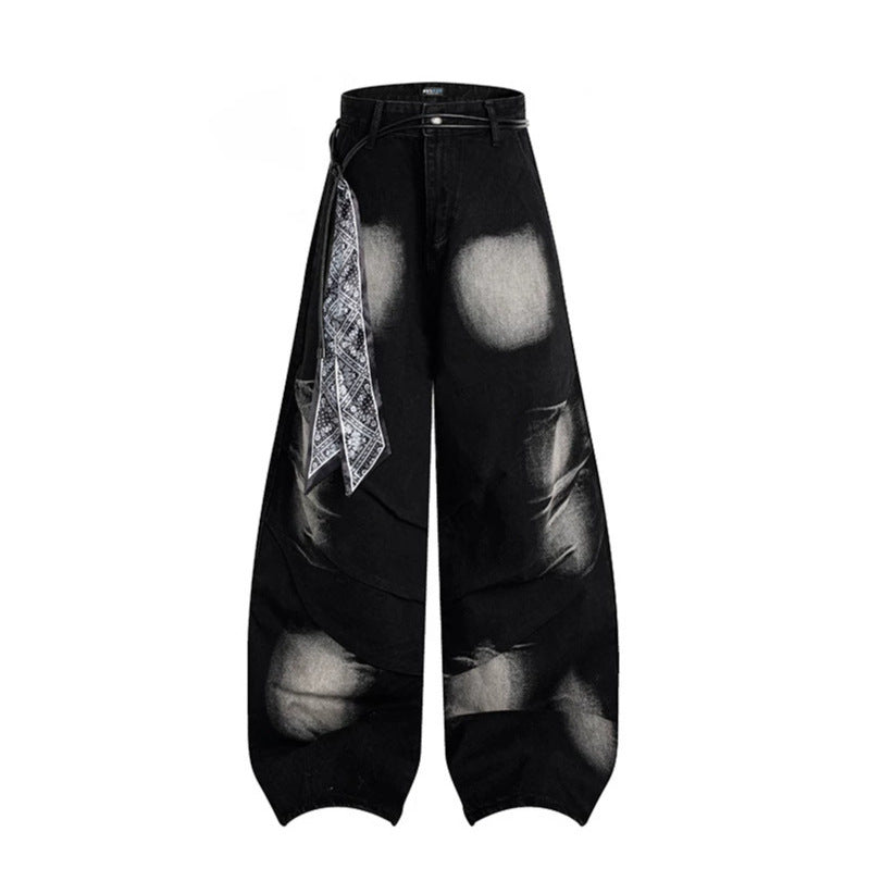 Women's extra wide distressed jeans in baggy cut with tie-dye wash and scarf belt Chichicherry