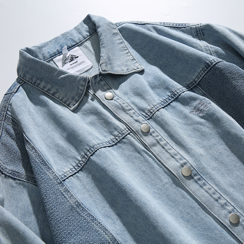 Unisex Oversized Jeans Jacket with Contrasting Woven Panels and Snap Button Closure Chichicherry