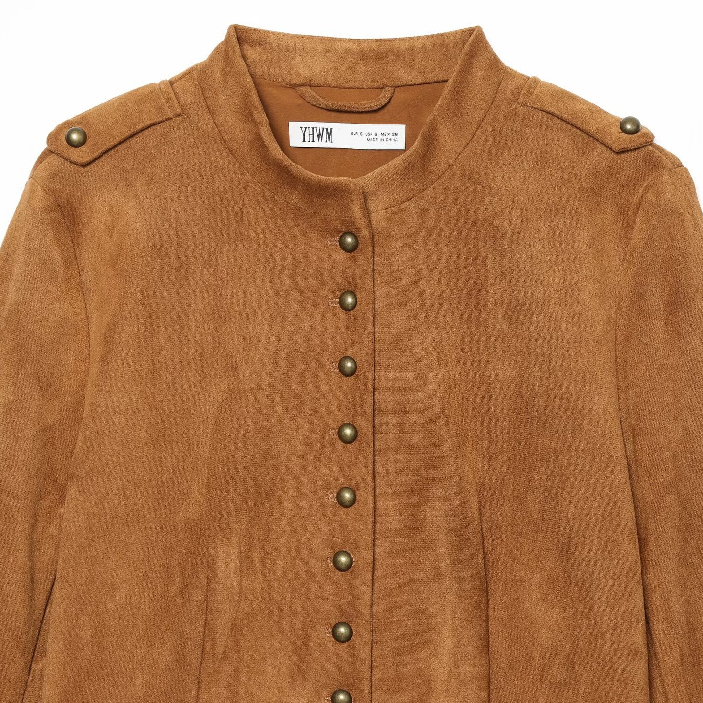 Women Short Jacket in Suede Look in Military Style with Stand-Up Collar and Asymmetrical Hem Chichicherry