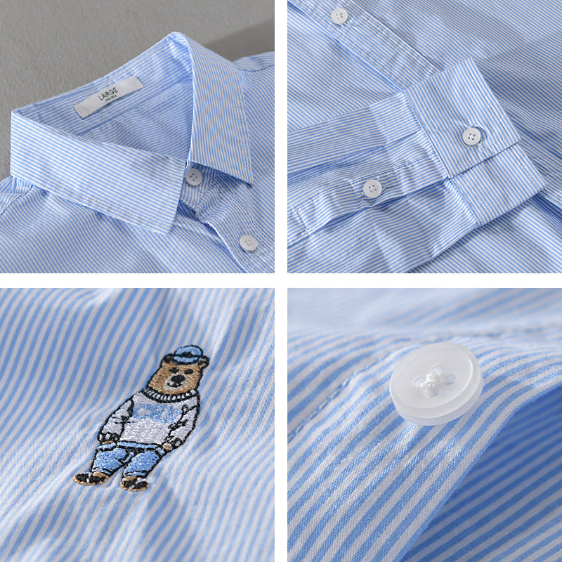 Men's Striped Cotton Shirt with Fine Embroidery and Relaxed Fit Chichicherry