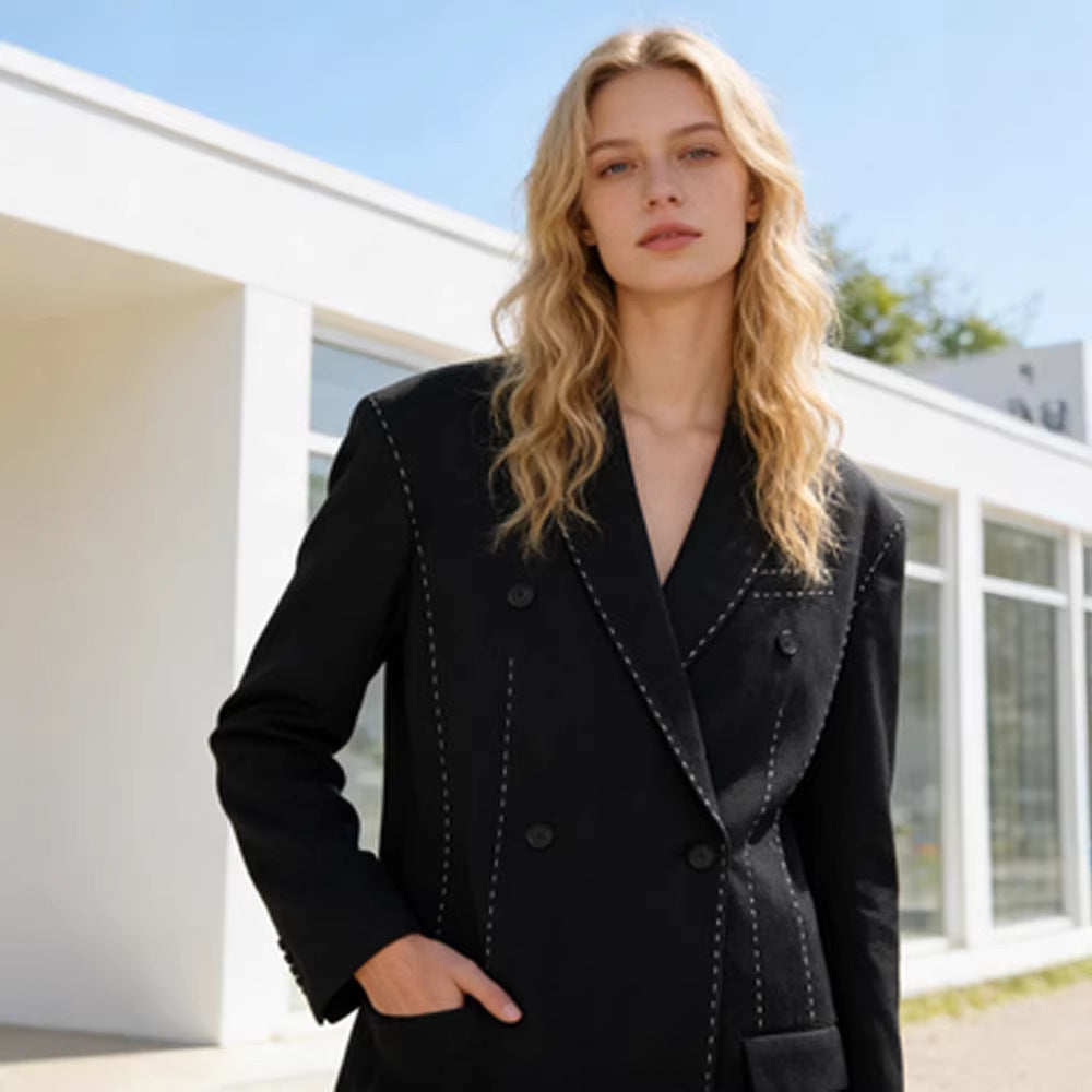 Women's Double-Breasted Oversized Blazer Coat with Distinctive Shoulder Area & Decorative Stitching Chichicherry
