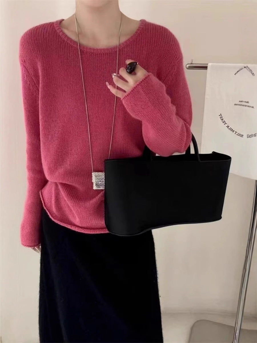 Women Light Oversized Fine Knit Sweater with Round Neck, Subtle Sheer Effect and Rounded Hem Chichicherry