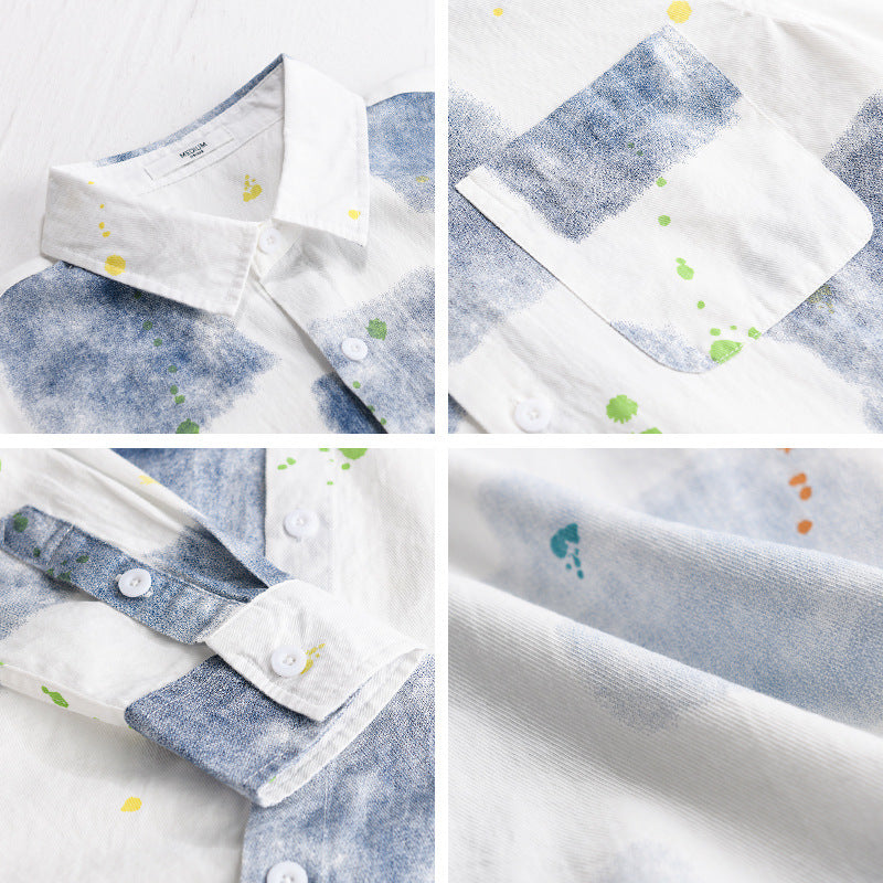 Men's Lightweight Cotton Shirt Relaxed-Fit with Artistic Speckle and Watercolor Patch Print Chichicherry
