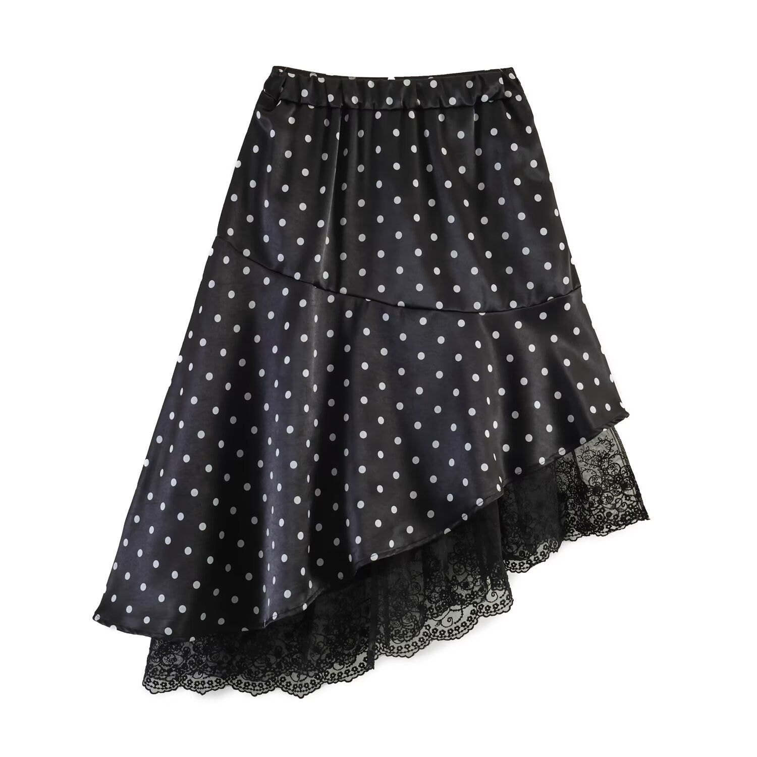 Women's Asymmetric Tiered Skirt with Ruffles, Dots, and Lace Trim Chichicherry