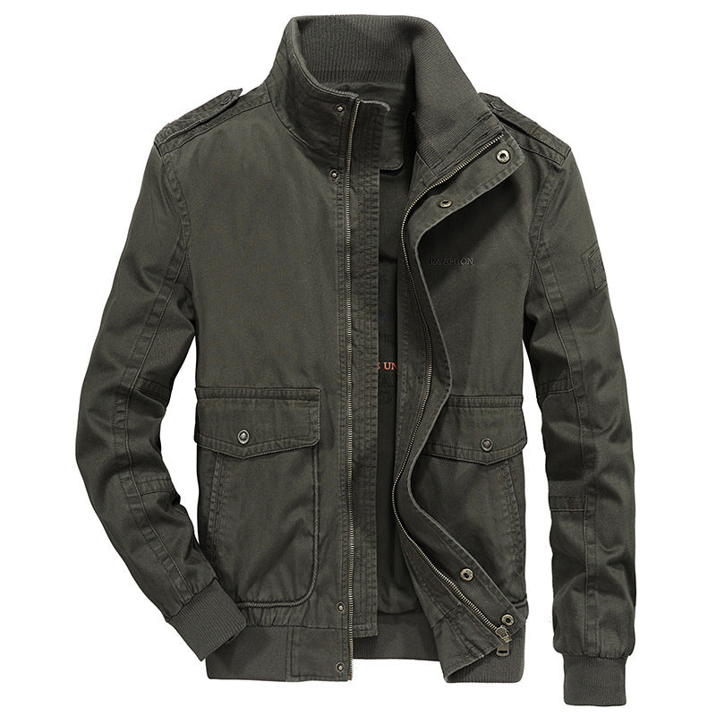 Men's utility canvas jacket with high stand-up collar, shoulder patches, and double front opening Chichicherry