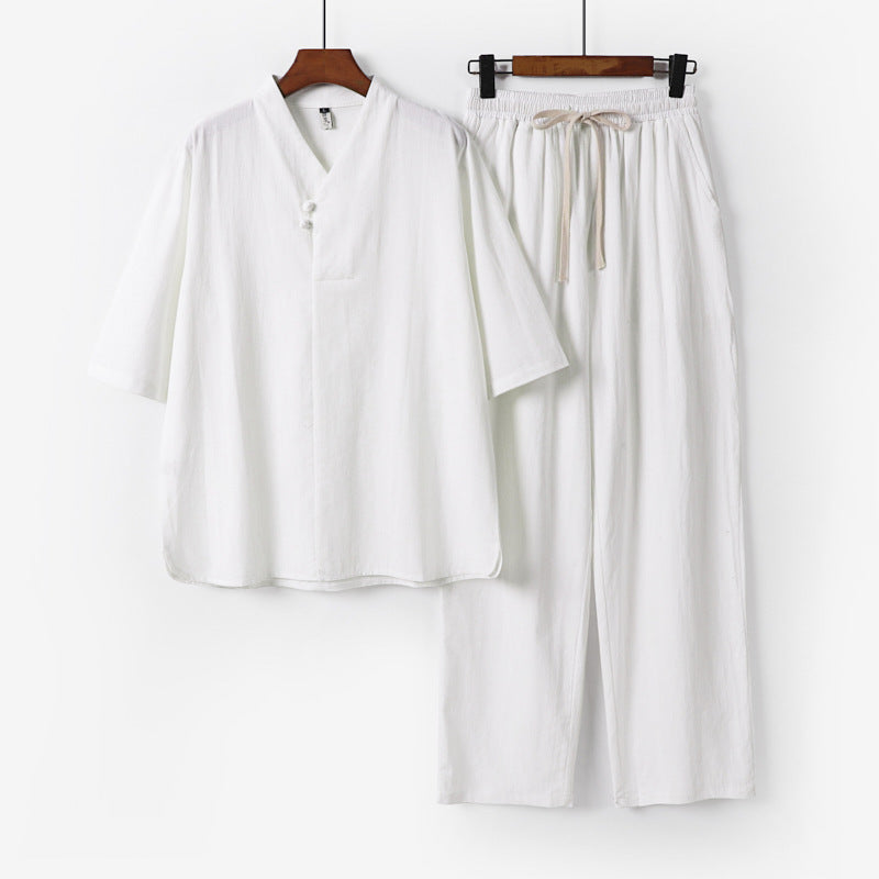 Men's Two-Piece Lightweight Loungewear Set with Stand Collar Short Sleeve Shirt and Drawstring Pants Chichicherry