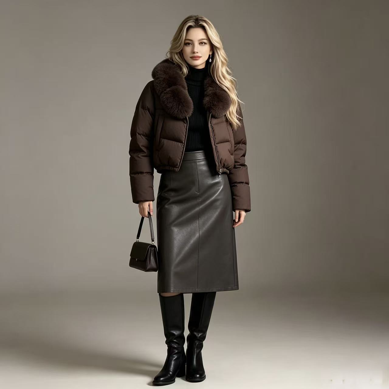 Women's short quilted cropped puffer jacket with voluminous faux fur collar Chichicherry