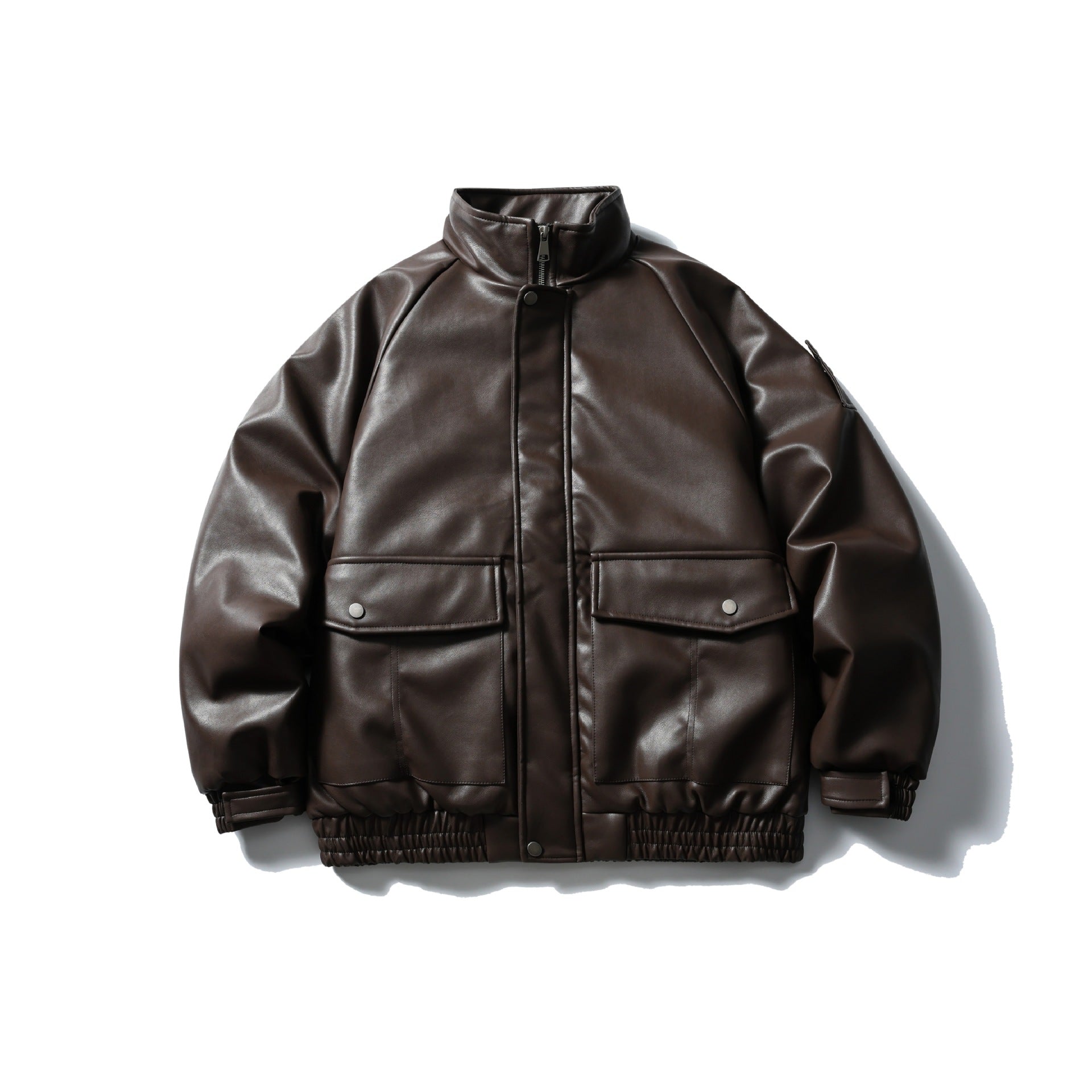 Men's Padded Faux Leather Bomber Jacket with High Stand-up Collar and Flap Pockets Chichicherry