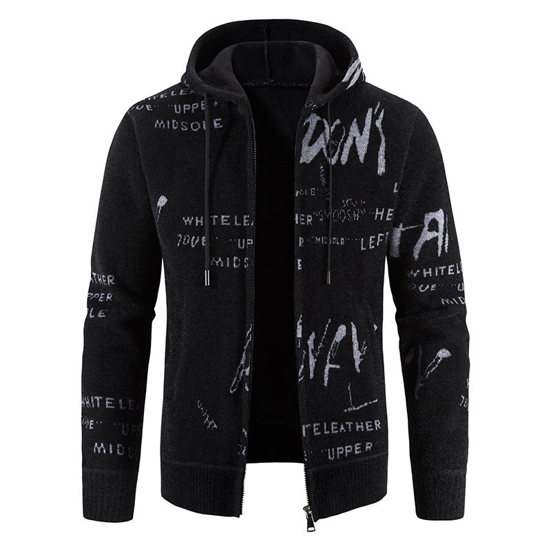 Men's knitted hooded jacket with full-length zipper, graphic all-over print, and side pockets Chichicherry