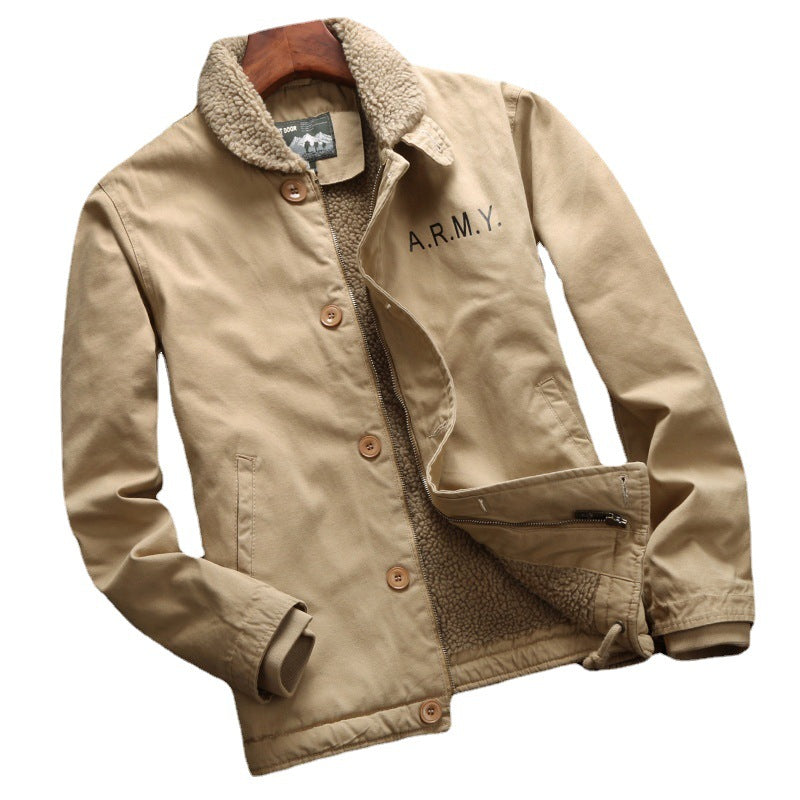Men's vintage-inspired canvas bomber jacket with voluminous Sherpa lining, dual front opening, and reinforced pockets Chichicherry