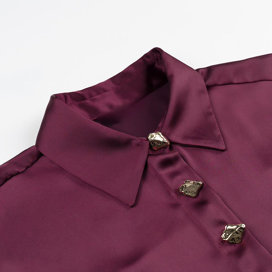 Women Silk Look Blouse with Decorative Buttons and Shirt Collar Chichicherry