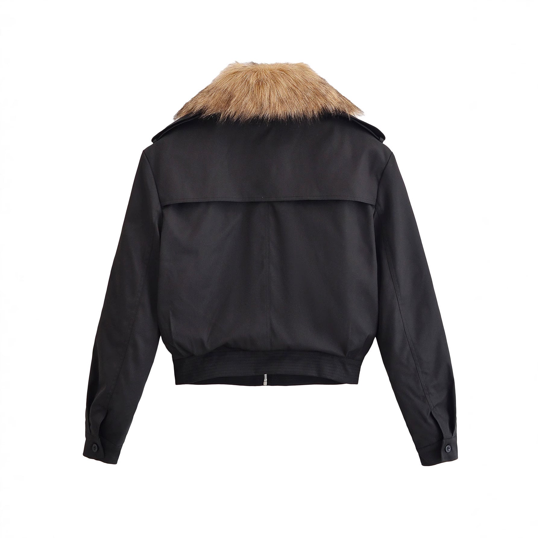 Ladies Short Bomber Jacket with Removable Faux Fur Collar Chichicherry