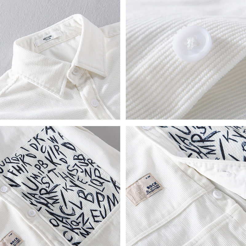 Men's Lightweight Cord Shirt Jacket Overshirt with Letter Print Chest Pocket and Relaxed Fit Chichicherry