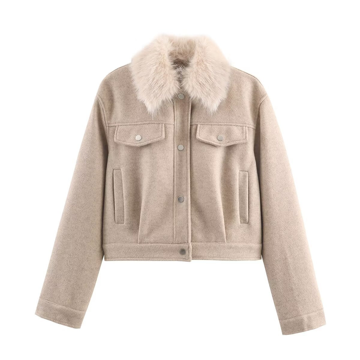 Ladies short wool jacket with voluminous fur collar, snap-button front and patch chest pockets Chichicherry