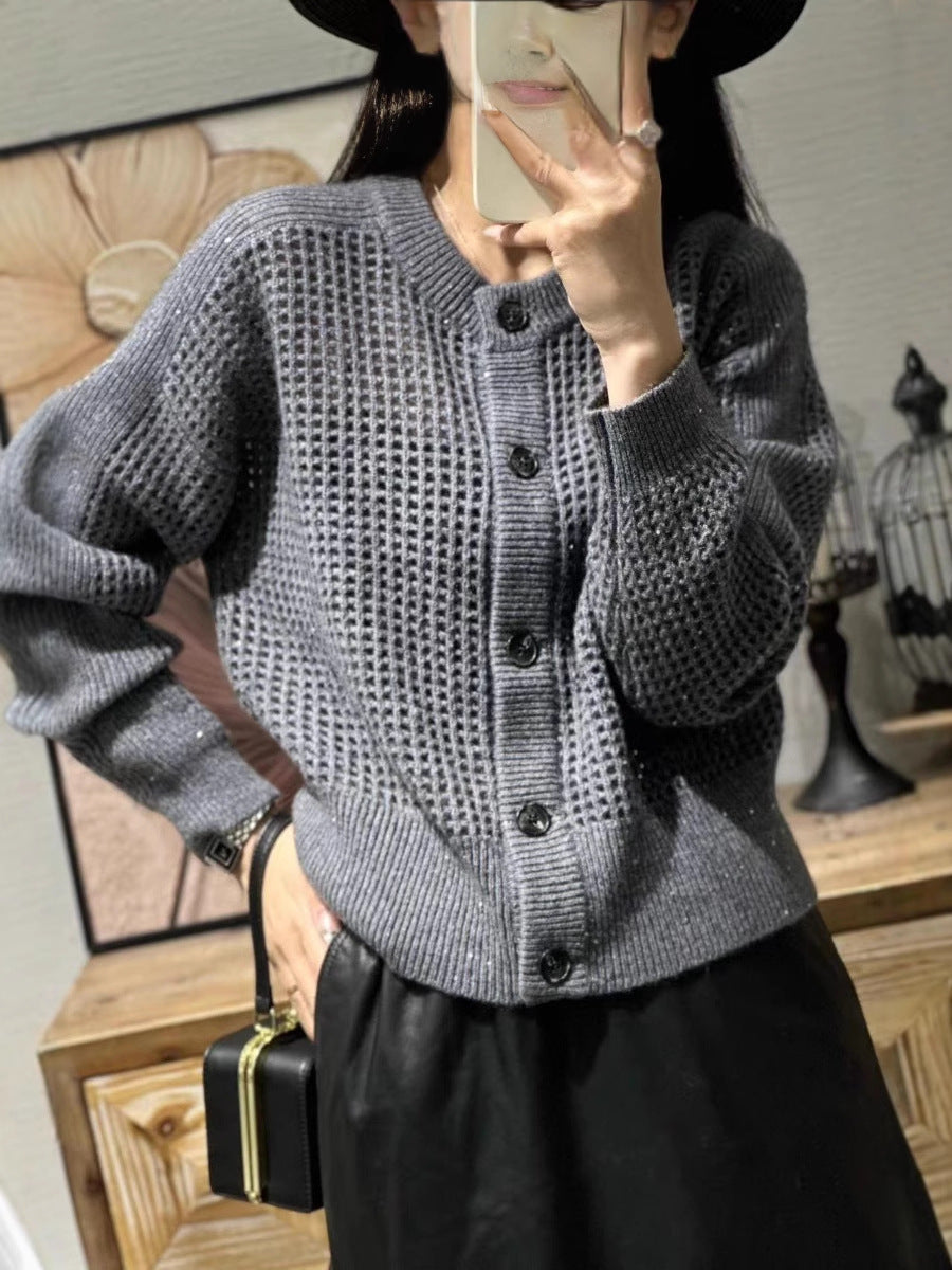 Ladies Loose Mesh Cardigan with Grid Ajour, Round Neckline and Button Placket Chichicherry