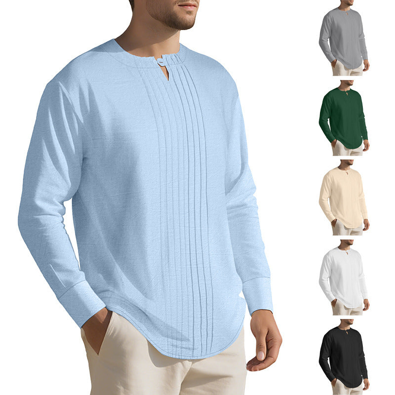 Men's Lightweight Long Sleeve Shirt in Linen Look with Stand-Up Collar, Pleats and Loop Closure Chichicherry
