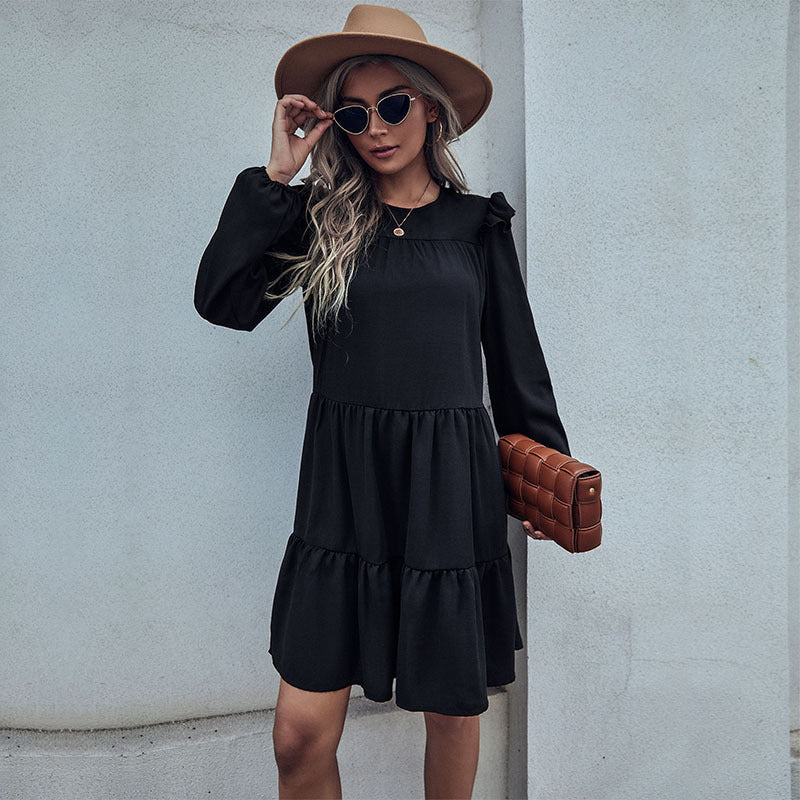 Women's Tiered Mini Dress with Ruffled Shoulders and Long Sleeve Chichicherry
