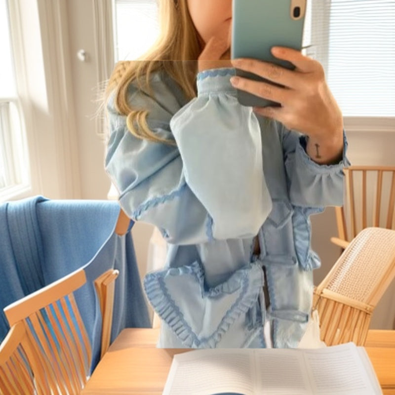 Women's Long-Sleeved V-Neck Blouse with Ties and Heart Ruffle Pockets Chichicherry