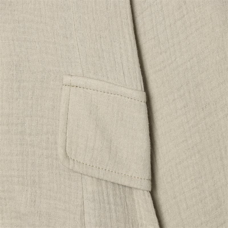Women Boxy Linen Blazer with Stand Collar, Decorative Button Placket and Patch Pockets Chichicherry