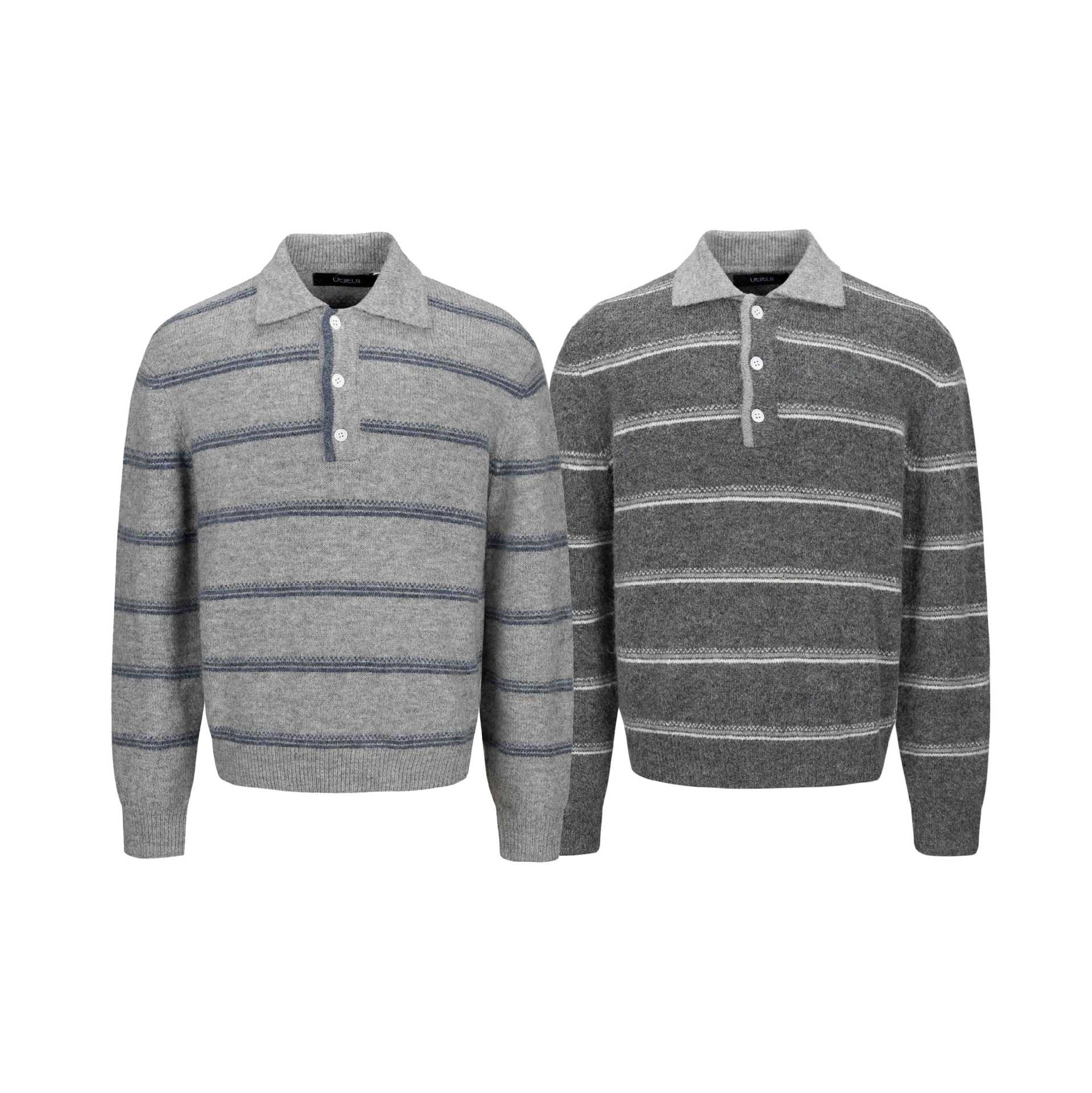 Men's Chunky Knit Polo Collar Sweater with Half Button Placket and Striped Structure Chichicherry