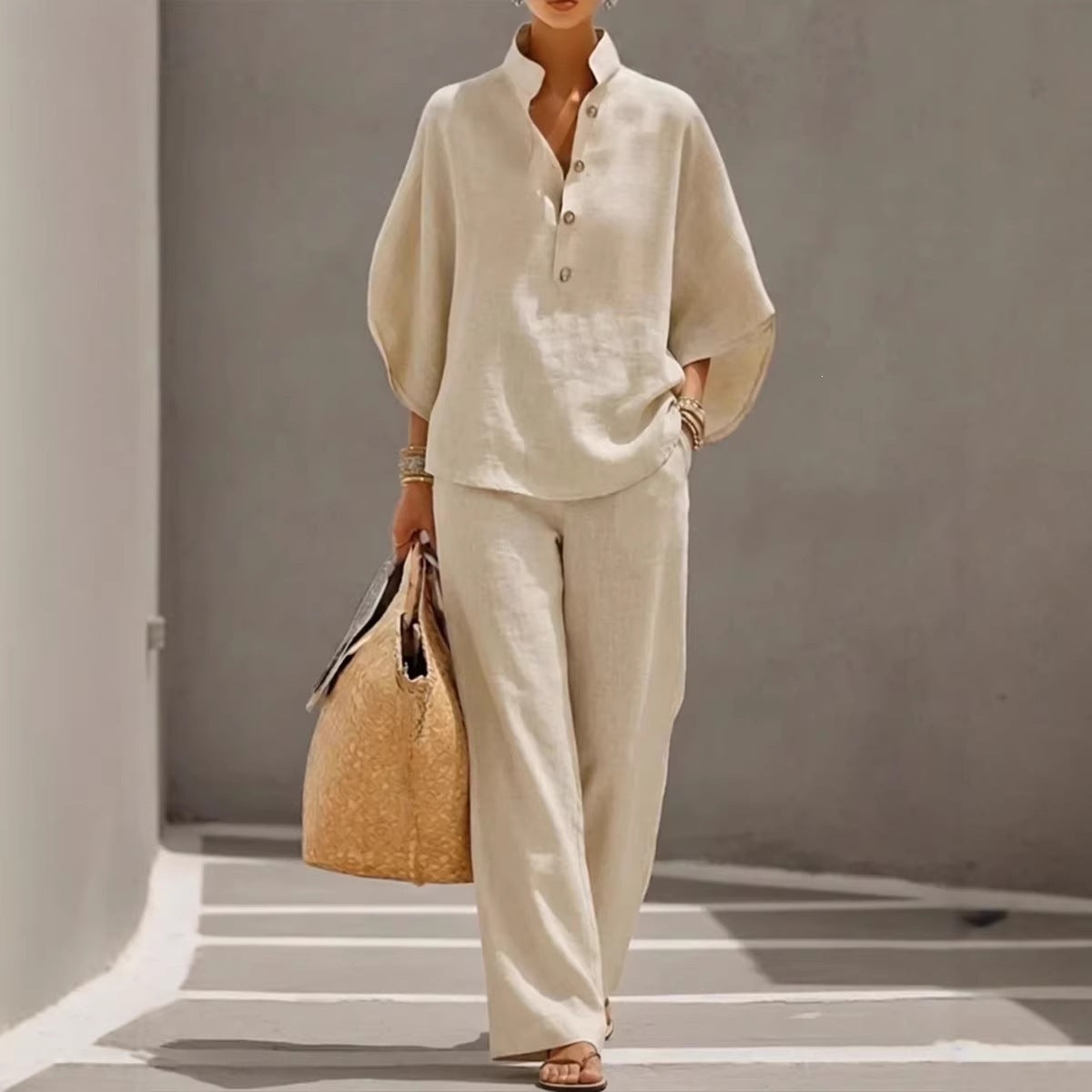 Women Lightweight Linen Loungewear Set with Stand-up Collar Button Placket and Wide Marlene Cut Chichicherry