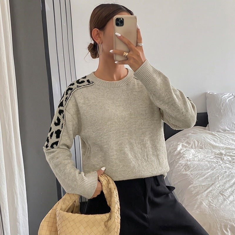 Women's Oversize Knit Sweater with Leo Jacquard Shoulder Inserts Chichicherry