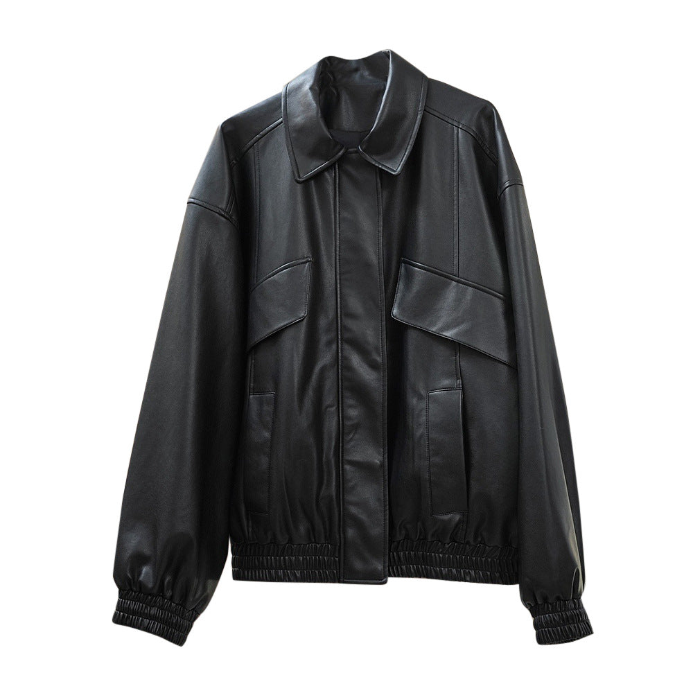 Women's Oversized Faux Leather Bomber Jacket with Flap Pockets and Elastic Hem Chichicherry