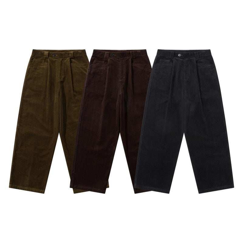 Men's Wide Cord Pants with Pleats, High Waist and Straight Leg Chichicherry