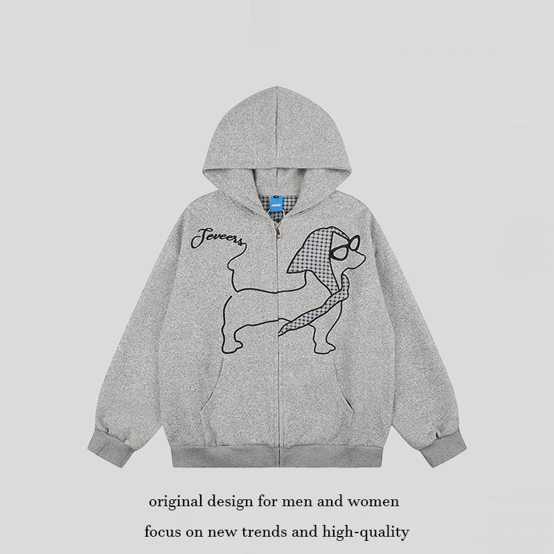 Women's oversized zip hoodie with embroidered dachshund illustration and gingham detail Chichicherry