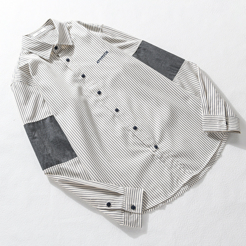 Men's Long Sleeve Shirt with Fine Pinstripes, Contrast Elbows and Rounded Hem Chichicherry
